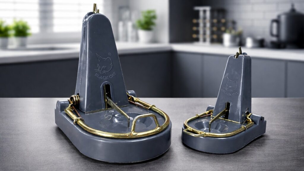 Black Cat Rat Traps on modern table with Kitchen background